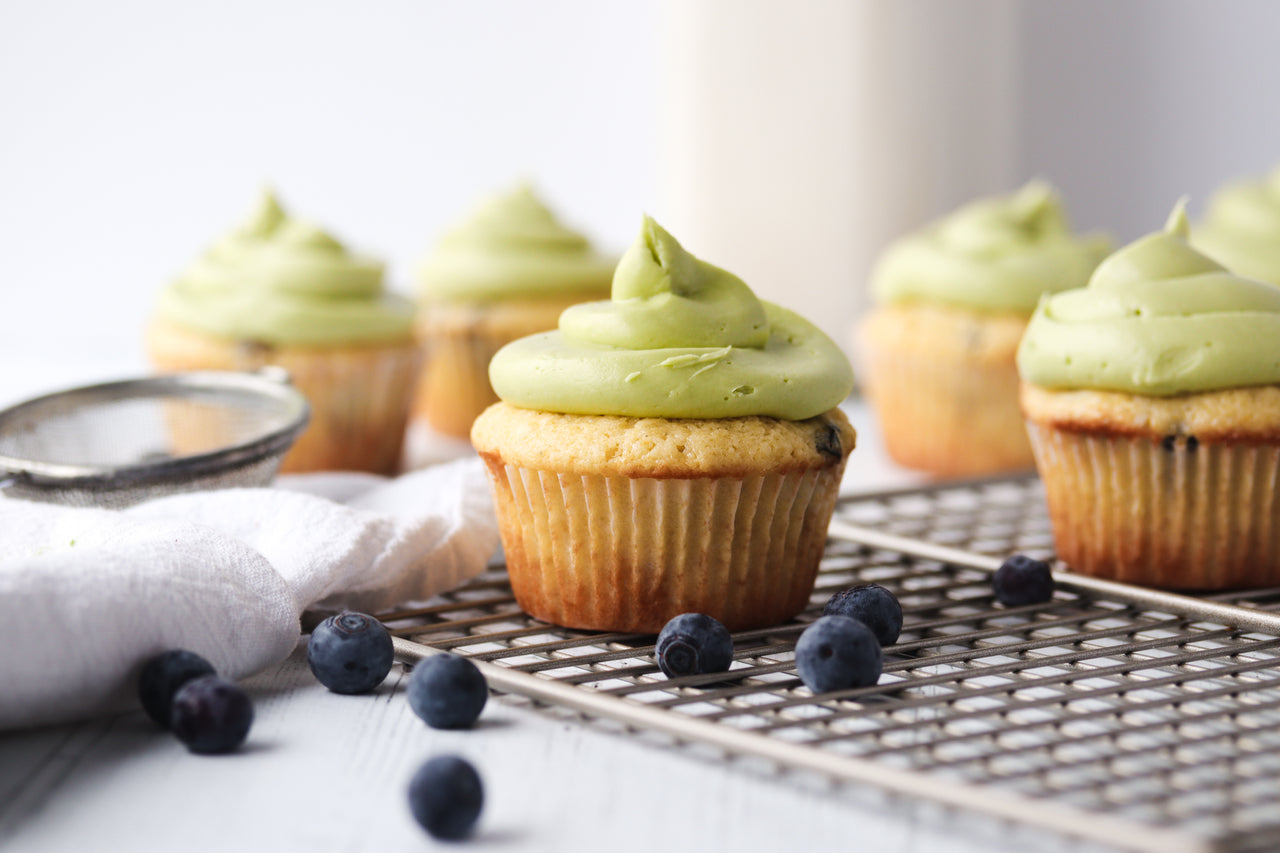 Blueberry Cupcakes with Matcha Cream Cheese Frosting