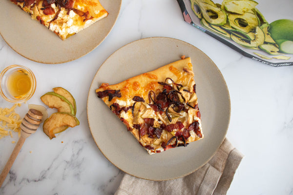 Apple Gouda Goat Cheese Pizza with Bacon & Honey Drizzle