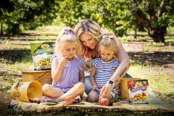Sunrise Fresh family picnic with dried pears, peaches, and apples in convenient-sized resealable bags